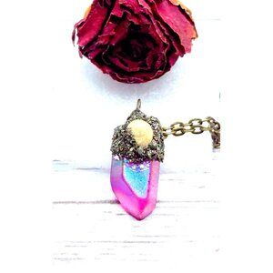 Pink aura quartz crystal necklace